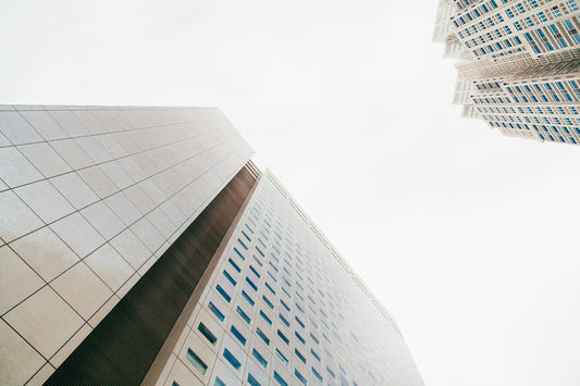 Looking up at office buildings in Shinjuku, Tokyo, Japan.