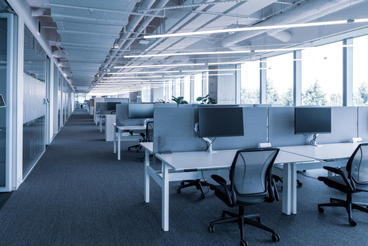 An open-plan office with rows of modern desks, ergonomic chairs, computer monitors, and large windows providing natural light.